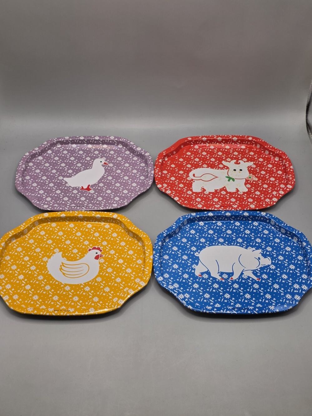 Vtg JSNY Calico Farm Metal Serving Trays Cow Pig Chicken Duck Cottagecore Set/4